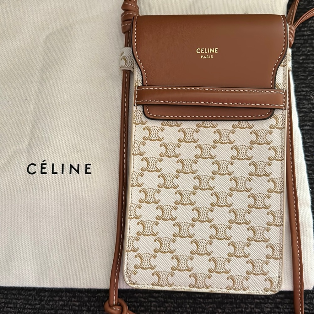 CELINE PHONE POUCH WITH FLAP IN TRIOMPHE CANVAS AND LAMBSKIN